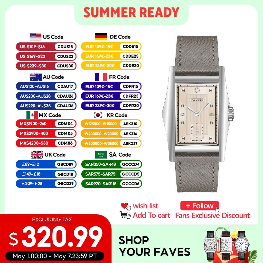 FARASUTE Creative Manual Square Customized Mechanical Movement Watch Men Luxury Sapphire Glass Small Second Wristwatches reloj