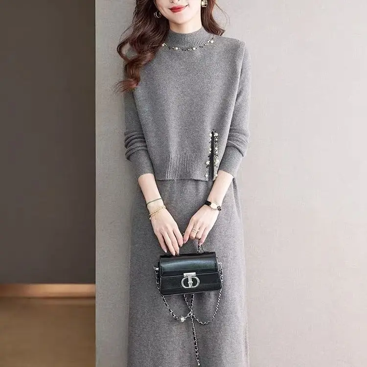 Autumn Winter Solid Knitted Sweater Dress Two-piece Set Women Vintage Sweater Dress 2025 Elegant Bodycon Party Evening Dress