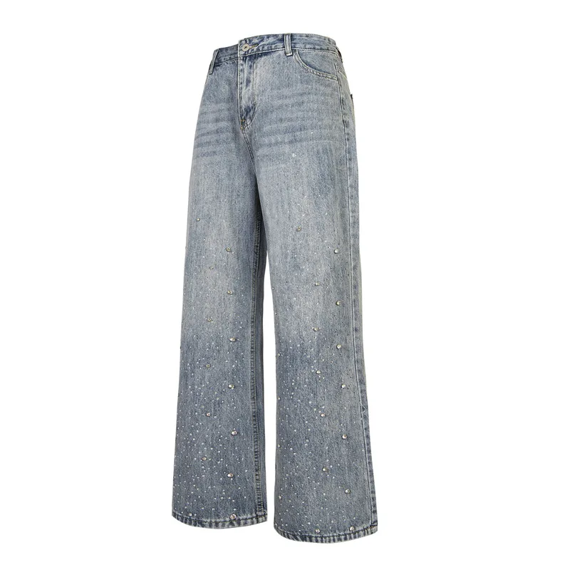 American Style Retro Men Women The Same Four Seasons Trousers Trendy Jeans Rhinestones Loose Straight Wide-Leg Denim Long Pants