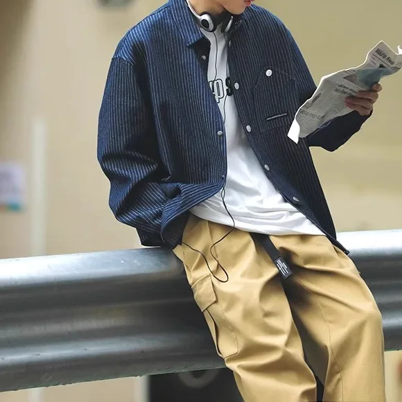 

Мужская повседневная джинсовая куртка синего цвета в полоску, с длинным рукавом, весна-осень, новая модель, плотная, в японском стиле, для студентов