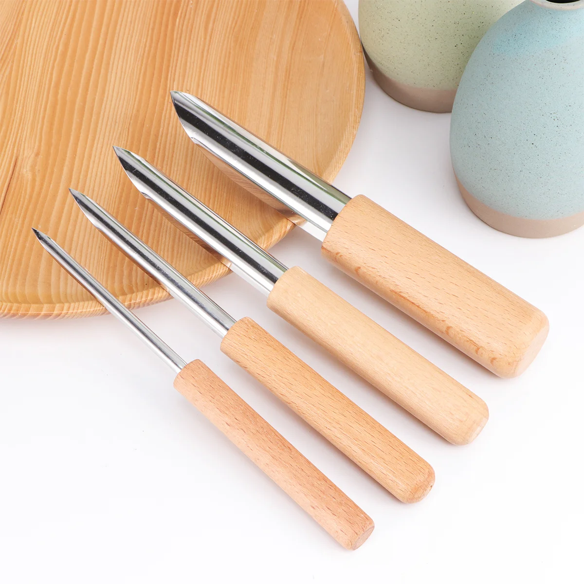 

4pcs Pottery Tools Polished Metal Cutting Tubes Wood Handle For Wet Thick-Walled Wax Diy Ceramic Sculpture Clay