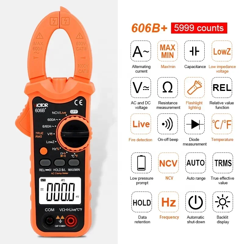 RUOSHUI 606B+ True RMS Clamp Meter 6000 Counts DCAC 600V 600A 60M Ohm Frequency 10MHz Capacitance 6mF Temperature INR VFC