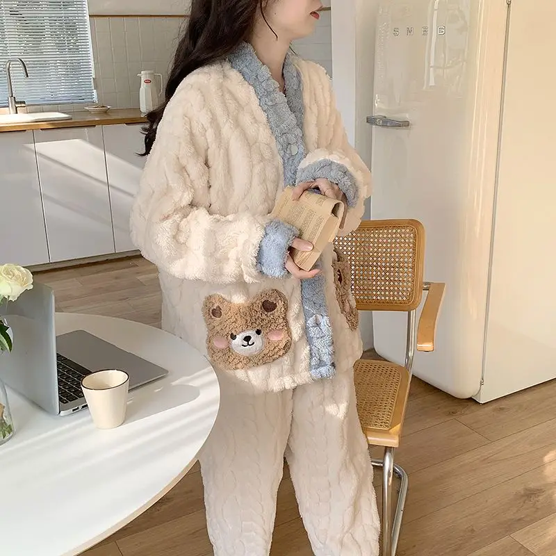 Women Coral Velvet Pajamas Winter New Fleece-lined Thickened Cartoon Bear Nightclothes Suit Thermal Flannel Female Homewear Sets