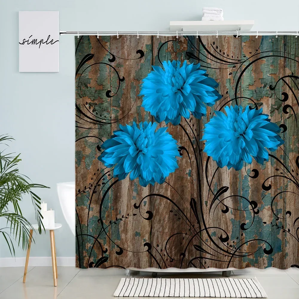 Retro Wood Board Flower Shower Curtains Creative Dahlia Floral Black Line Plant Old Plank Fabric Bathroom Decor Bath Curtain Set