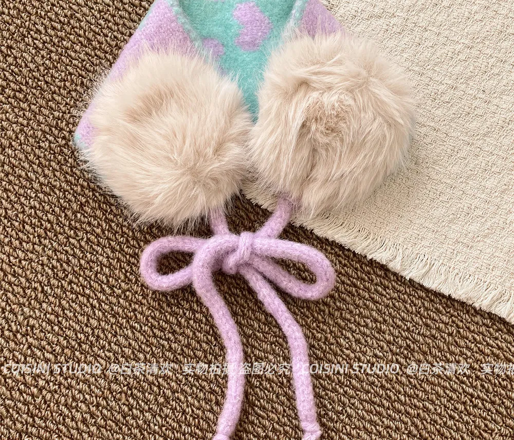 Heart Pattern Knitted Winter Earmuffs for Women Faux Fur Pom‑pom Ear Warmers Bow‑tie Design Soft Warm Cold‑proof Ear Muffs