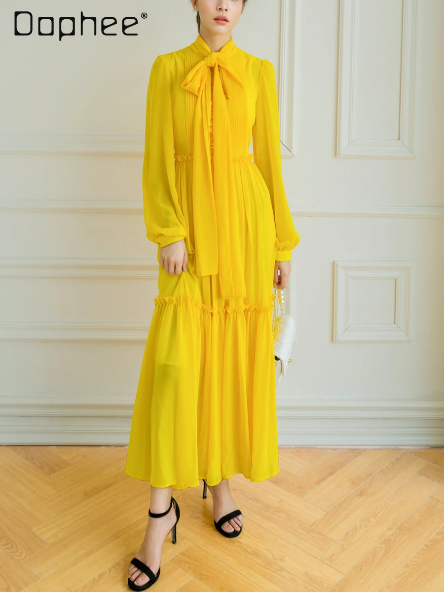 فستان أصفر فاخر فاتح راقي للنساء على طراز خرافي أنيق بأكمام طويلة وقصة ضيقة فستان متوسط الطول فساتين سهرة اجتماعية #3