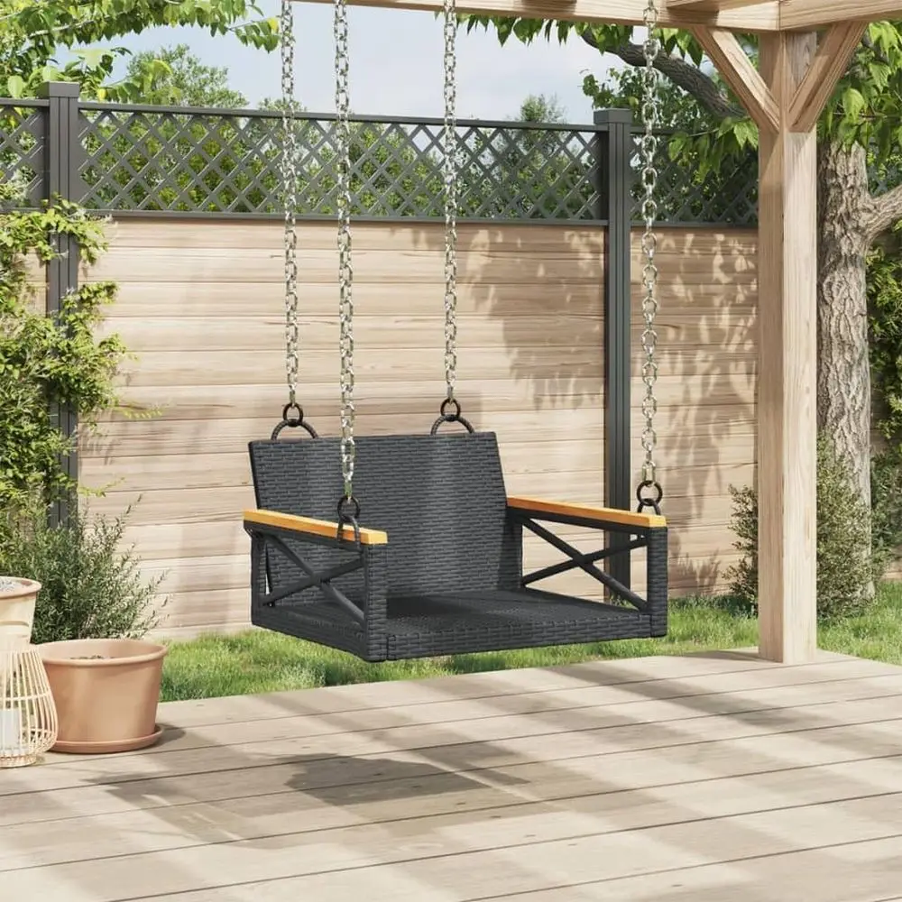 Outdoor 1-Person Swing Chair: Black Rattan, Steel Frame, Acacia Wood, Weather-Resistant Patio Lounge