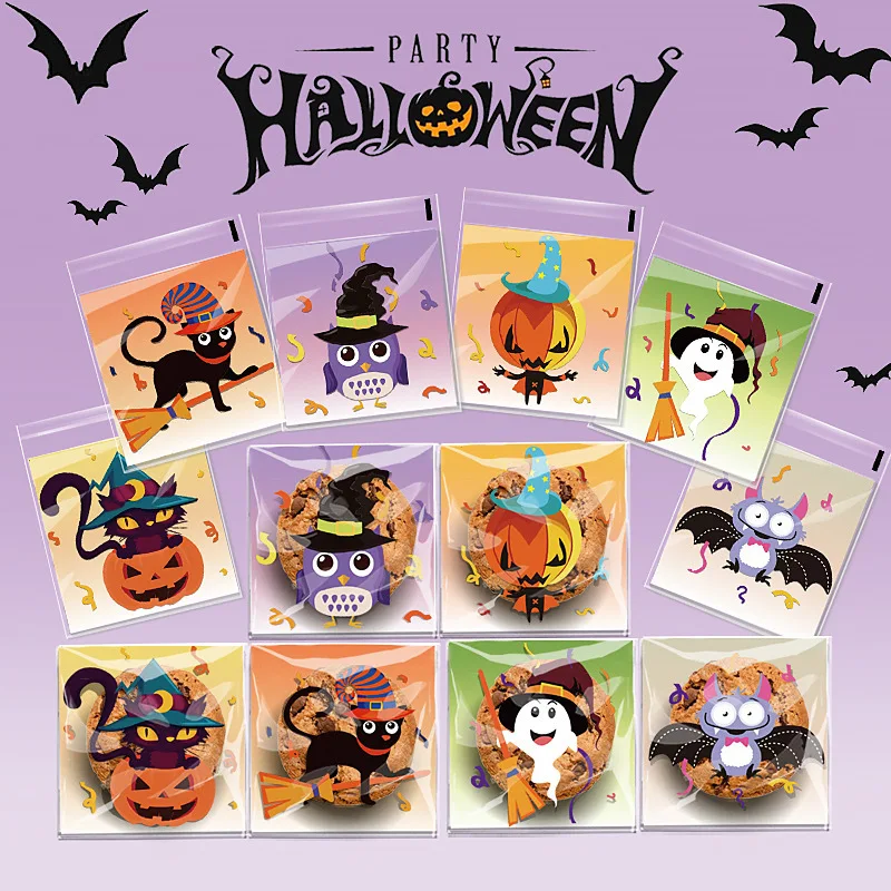 100pcs Halloween Cellophane Bags Happy Halloween Clear Pumpkin Ghost Candy Bags Self-adhesive Plastic Cookies Packaging Bags