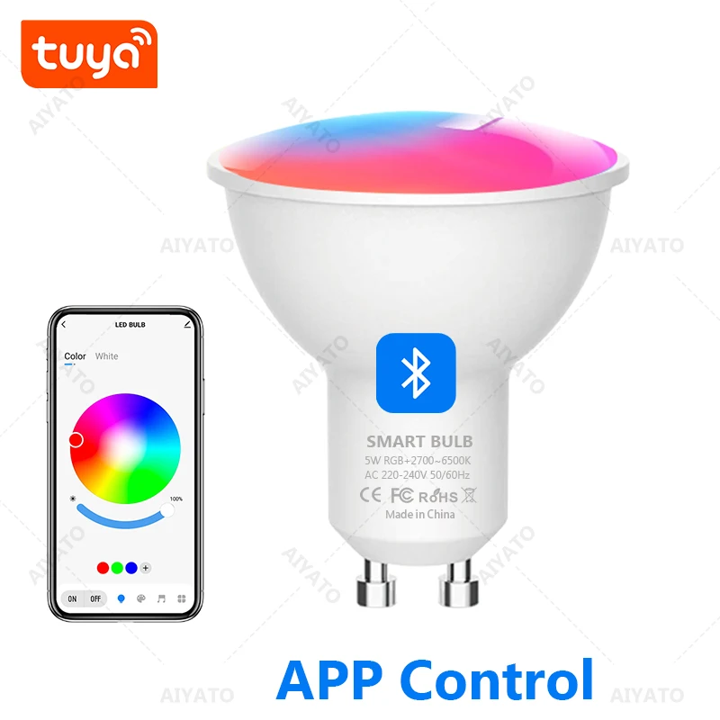 Tuya Bluetooth RGB Gu10 5W Spotlight 220V LED Bulb Lamps Smart Life APP Group Control Timing Music Rhythm Dimming Ambient Light