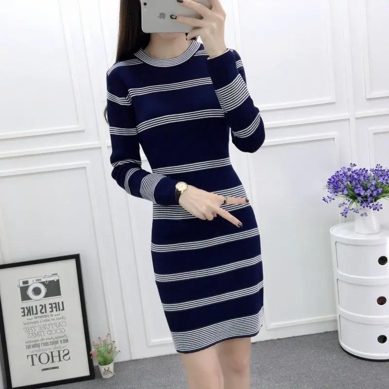 Bingsi's New Slim Fit Sexy Casual Clothes Female Stitching Striped Mid-length Skirt Long-sleeved Knitted Wrap-arm Dress Women