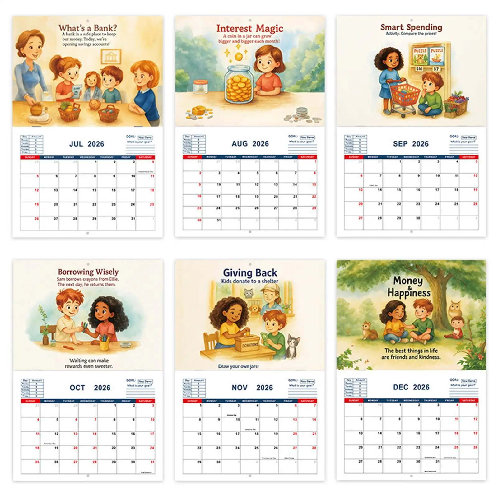 2026 Calendario per bambini Aula Calendario dei soldi per bambini Planner interattivo dei cartoni animati per l'aula scolastica Camera da letto Soggiorno