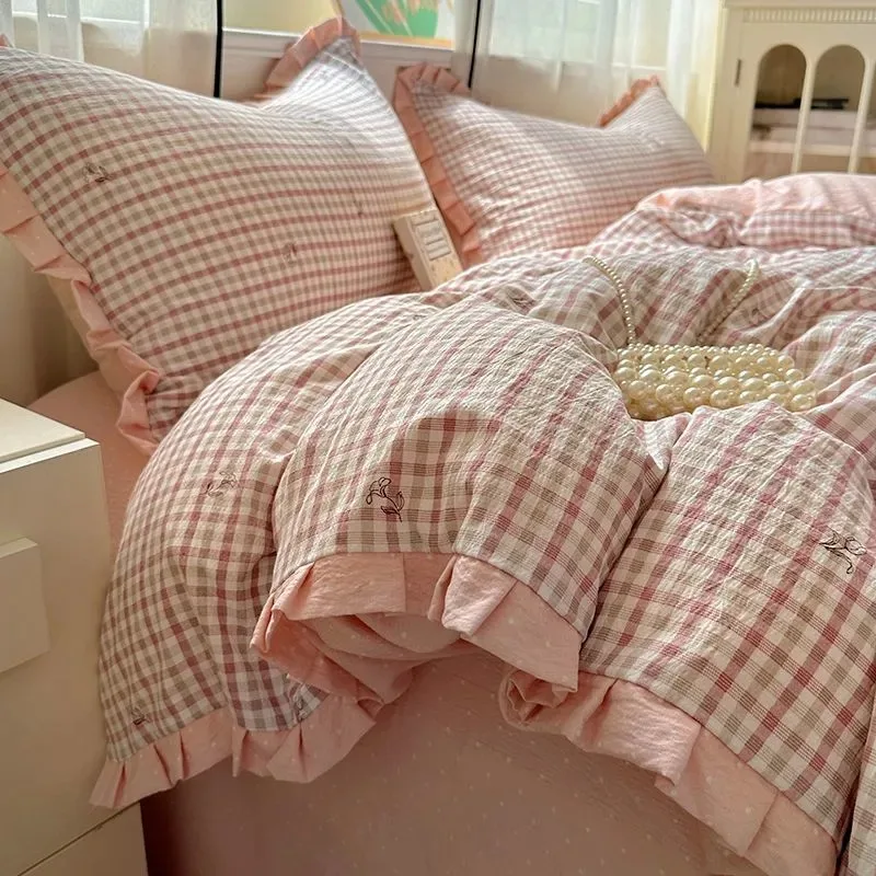 

Ins Princess Style Washed Double-Layer Gauze Bedding Set - Thickened Crinkled Gauze Cute Dorm 3-Piece/4-Piece Sheet & Duvet Cove
