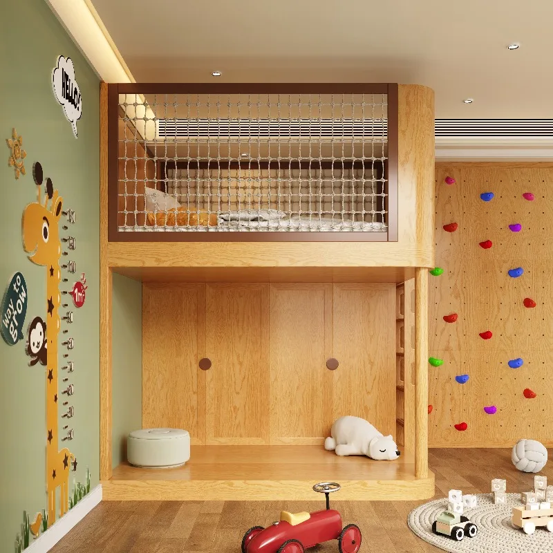 Climbing wall all solid wood multi-functional combination bed, secret base log wind bed and wardrobe
