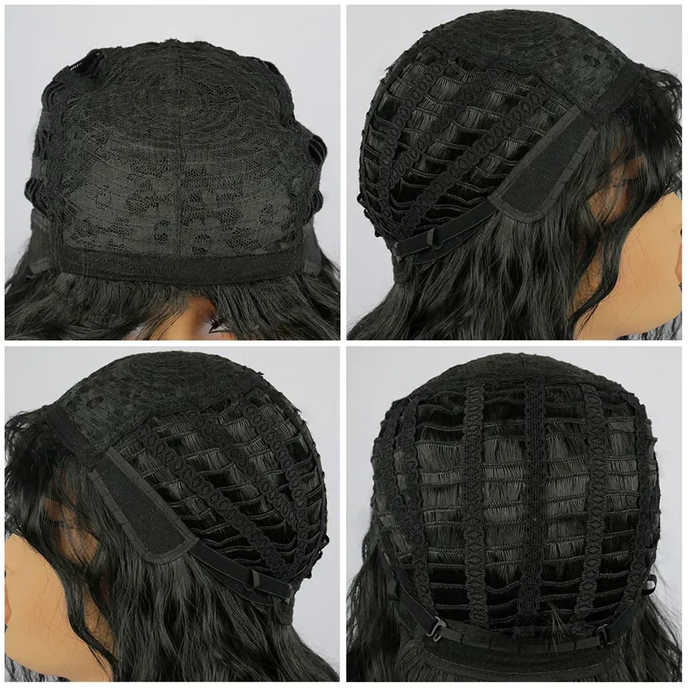 Peluca media ondulada rizada con flequillo negro para mujer, pelo sintético de simulación para Cosplay, cubierta completa para la cabeza