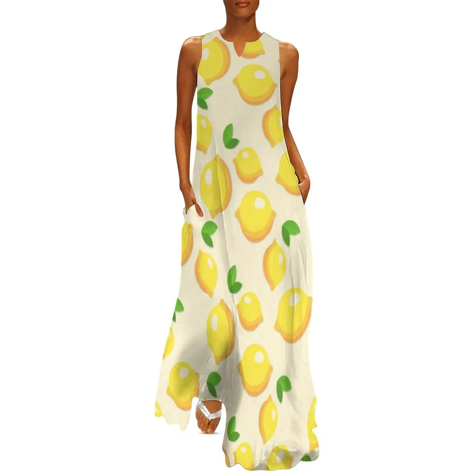 Cute Lemon Print Dress Citrus Fruit Elegant Maxi Dress Sleeveless Pattern Bohemia Long Dresses Korean Fashion Big Size Vestidos