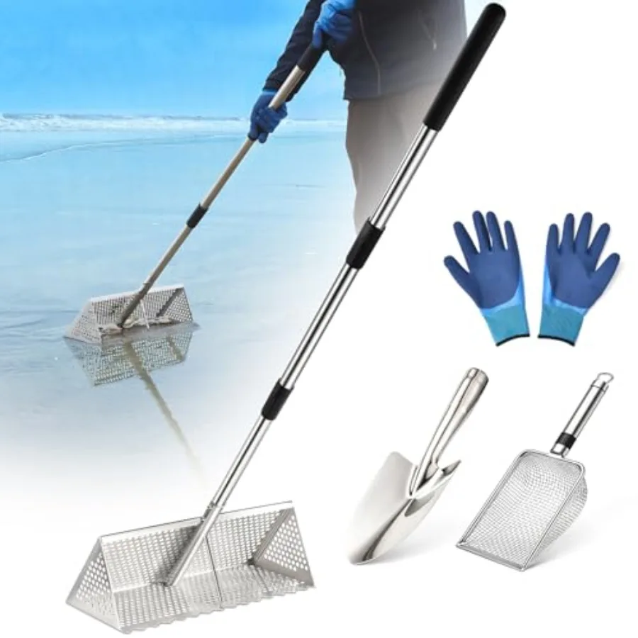 

Sand Flea Rake Long Handle Sand Sifter for The Beach Stainless Steel Shark Tooth Sifter Comes with A 16-Inch Wide Mesh Screen f