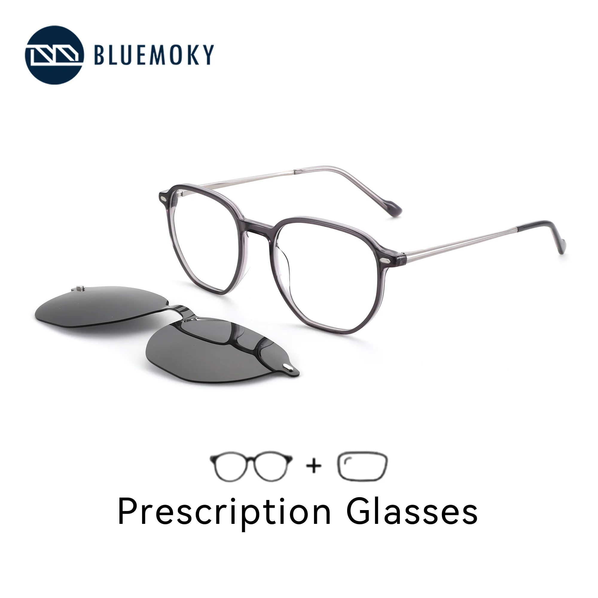 BLUEMOKY S Size Women's Acetate Polygon Magnetic Clip On Prescription Eyeglasses  UV400 Graduated Glasses Myopia Lenses