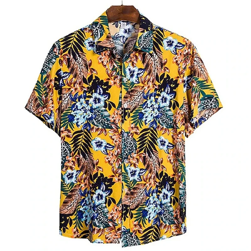 Camisa floral de lapela masculina de botão manga curta, camisa casual verão, presente férias de praia, tudo