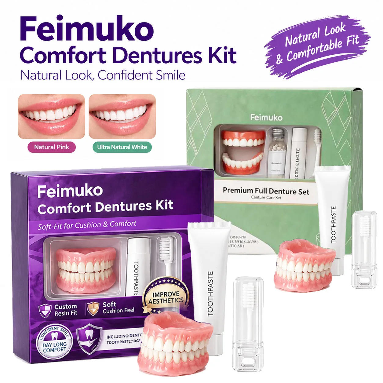 Silicone Dentures Adult Full Set Natural Upper Lower Matching Denture Trays Fit Comfortably Confident Care Everyday Smile Oral