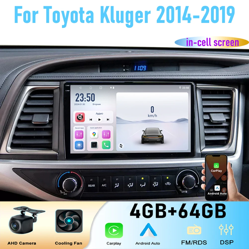 10'' For Toyota Kluger 2014-2019  Car Radio Stereo Wireless Apple Carplay Android 15 Auto GPS Camera Google Map Head Unit WIFI