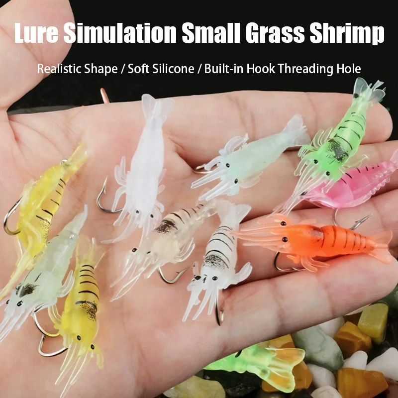 Realistic Simulation Shrimp Soft Bait Glow In Dark Small Grass Shrimp Lure Built-in Long Hook Silicone Lures