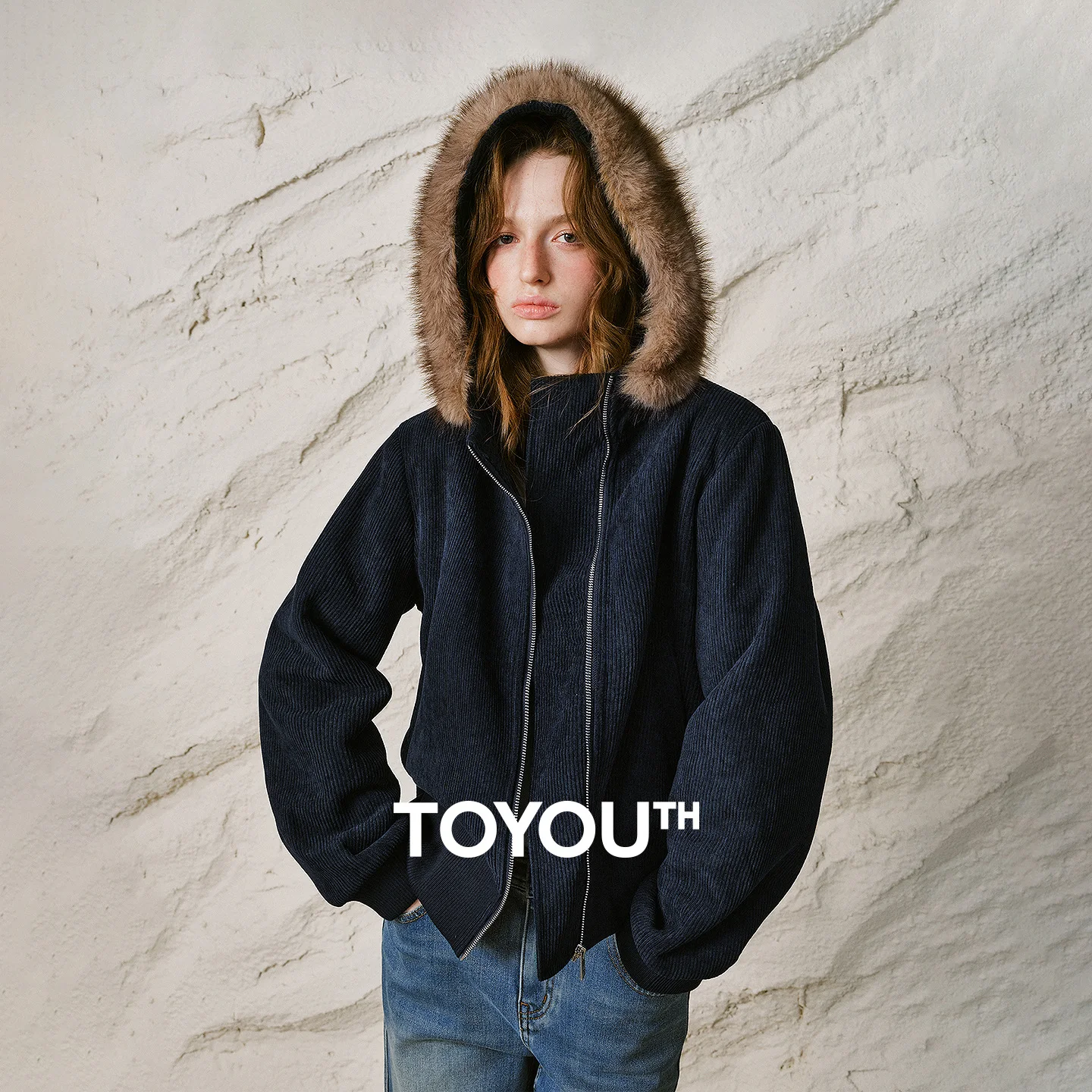 TOYOUTH Women Padded Coat 2026 Winter New Asymmetric Placket Fur Trim Hooded Nomadic Style Fleece Lined Warm Corduroy Outerwear