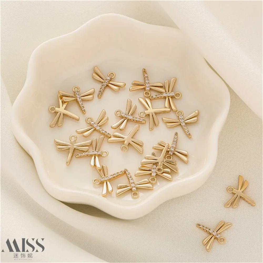 14K Gold Color-preserving Zircon Dragonfly Pendant DIY Accessories Handmade Bracelets Necklaces Jewelry Decorative Pendants