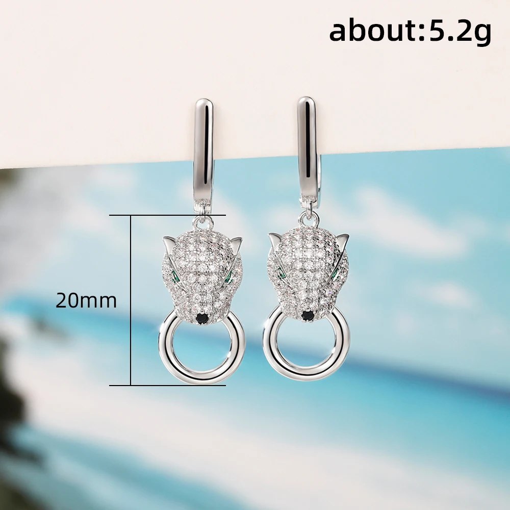 Huitan Hip Hop Green Eyes Leopard Earrings for Women Luxury Silver Color Full Paved CZ Personality Lady Accessories Rock Jewelry view 6