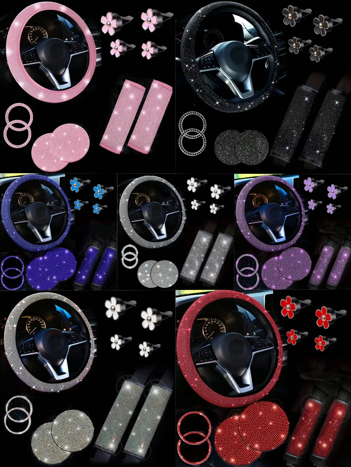 

11-piece bling rhinestone interior decor set with glossy handcrafted finish. Sparkling design adorns car space all year round, exquisite ornaments elevate interior glamour and stylish vibe
