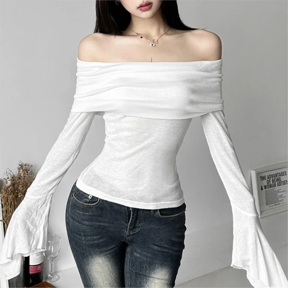 Fashionable One-line Collar Long-sleeved T-shirt Spring Summer New Women's Solid Color Slim Sexy Backless Top Roupas Feminina
