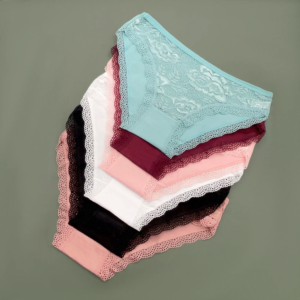 Moonflame 5 PCS Calzoncillos de algodón transparente de encaje de color sólido de talle bajo Bragas de mujer