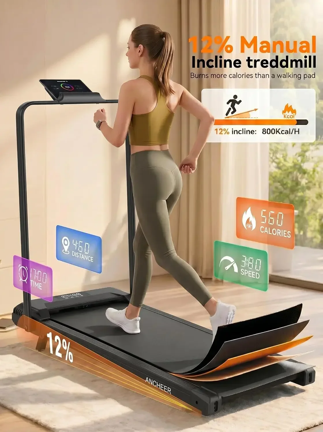 BestsellerTreadmill With 12%/15% Incline, Folding Walking Pad With Handle Bar, 320-450lb Capacity Under Desk Foldable 3.5HP