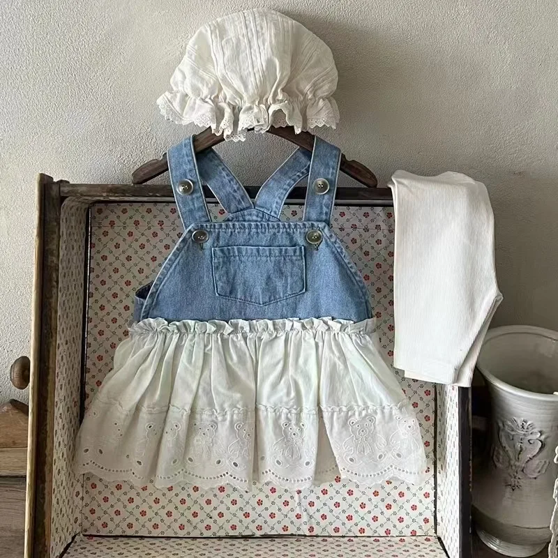 Autumn New Cute Baby Girls Sleeveless Denim Strap Dress Splicing Infant Embroidered Bear Dress Fashion Kids Loose Princess Dress