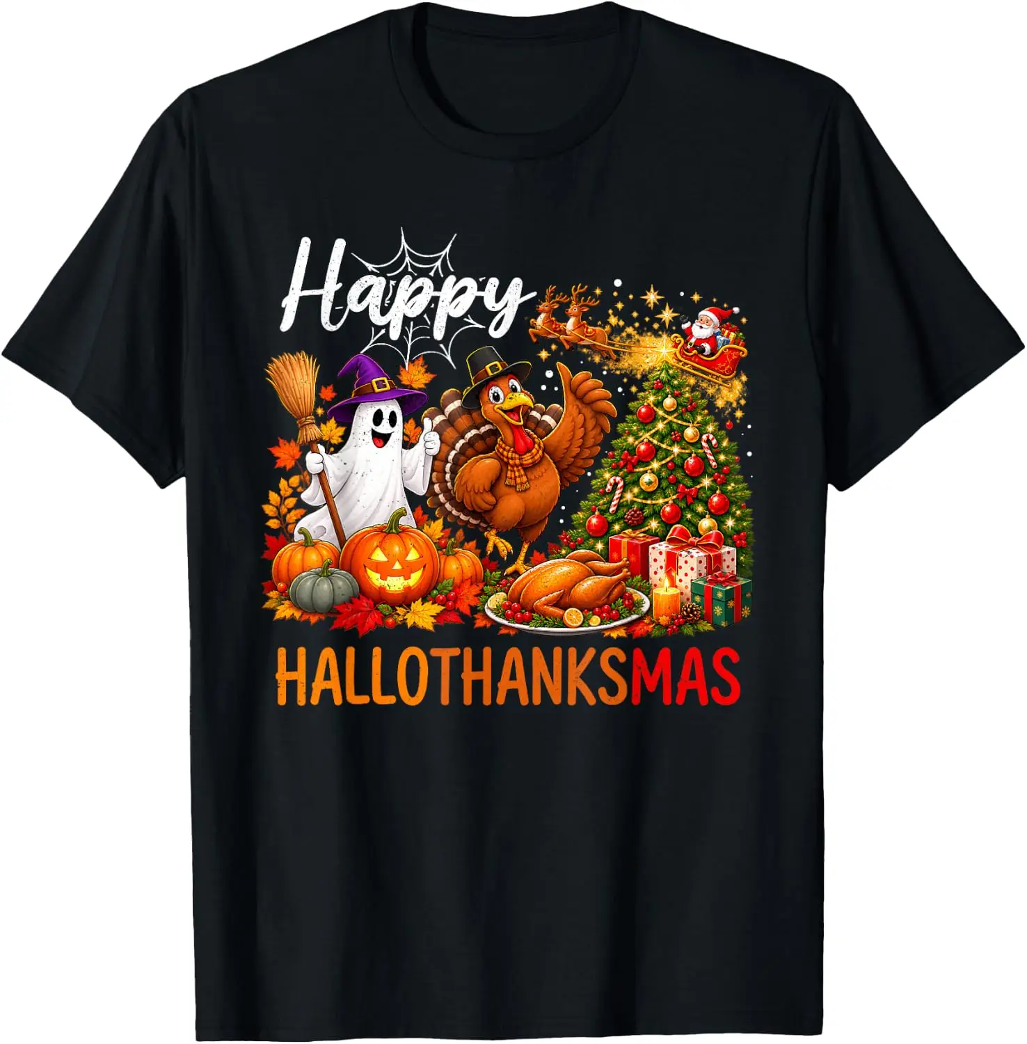 Happy Hallowthanksmas Fall Thanksgiving Christmas Halloween T-Shirt Versatile, heavyweight pure cotton short-sleeve tee—trendy, thick fabric; a great gift for Christmas or Halloween.