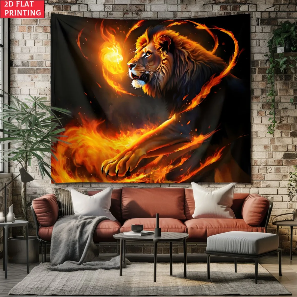 Dynamic Fire Lion Tapestry, Bold Flaming Big Cat Close-Up Wall Hanging, Modern Aesthetic Decor suitable offices bars party