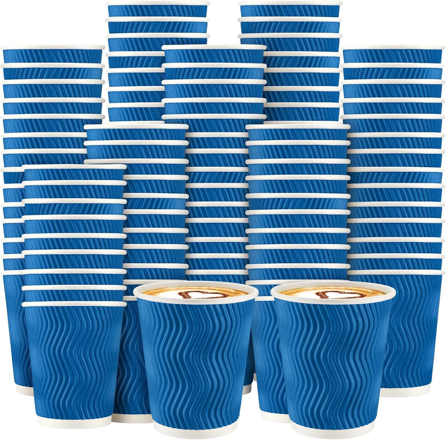 

200 Pack 8 oz Disposable Coffee Cups Blue Insulated Corrugated Paper Coffee Cups with Ripple Wall Design Suitable for Ho