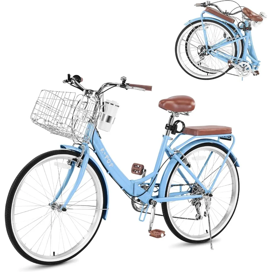 

24/26 Inch Beach Cruiser Bike for Women with Folding Design 7-Speed Womens Bike Featuring Basket and Coffee Cup Holder Ideal fo