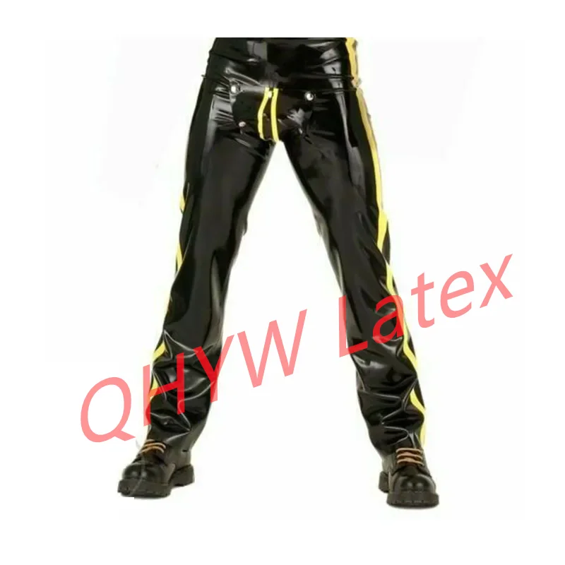 Handgefertigte Latex-Herrenhose mit Reißverschluss, schwarz mit gelb, schmale Latex-Jeans für Herren, Cosplay-Kostüme, maßgeschneidert