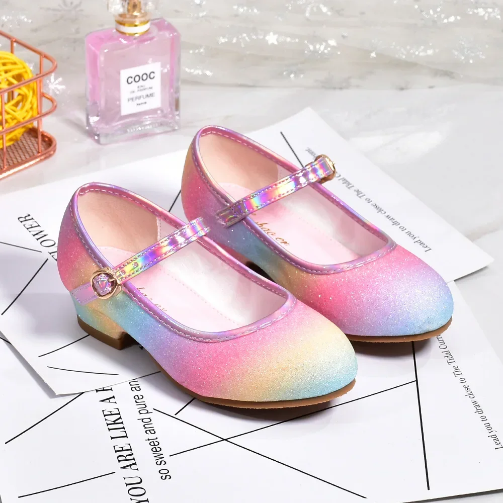 Girls' Leather Shoes 2024 New Rainbow Sequins Children's High Heels Dress Party Performance Girls' Princess Shoes