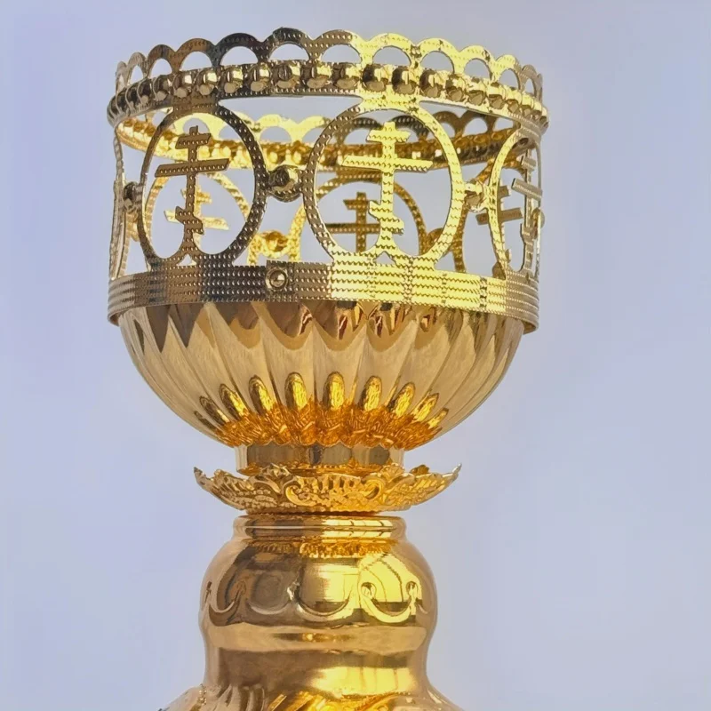 Orthodoxe Vigil-Lampe aus Rotem Glas und Goldmetall, Stehender Kerzenhalter, Verzierte Byzantinische Lampe für den Heimaltar, Christliches Religiöses Geschenk – Detail 3