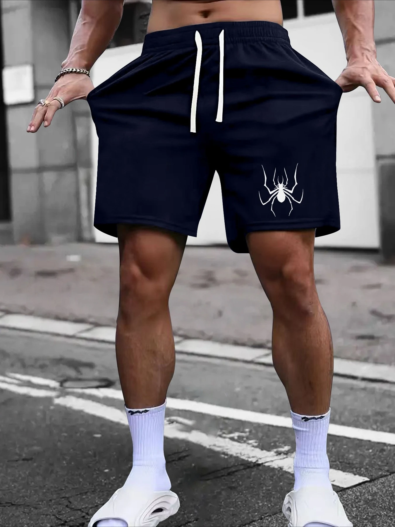 Men's Stylish and Versatile Spider Print Casual Shorts Loose Fit Elastic Waistband with Drawstring Suitable for Everyday Wear