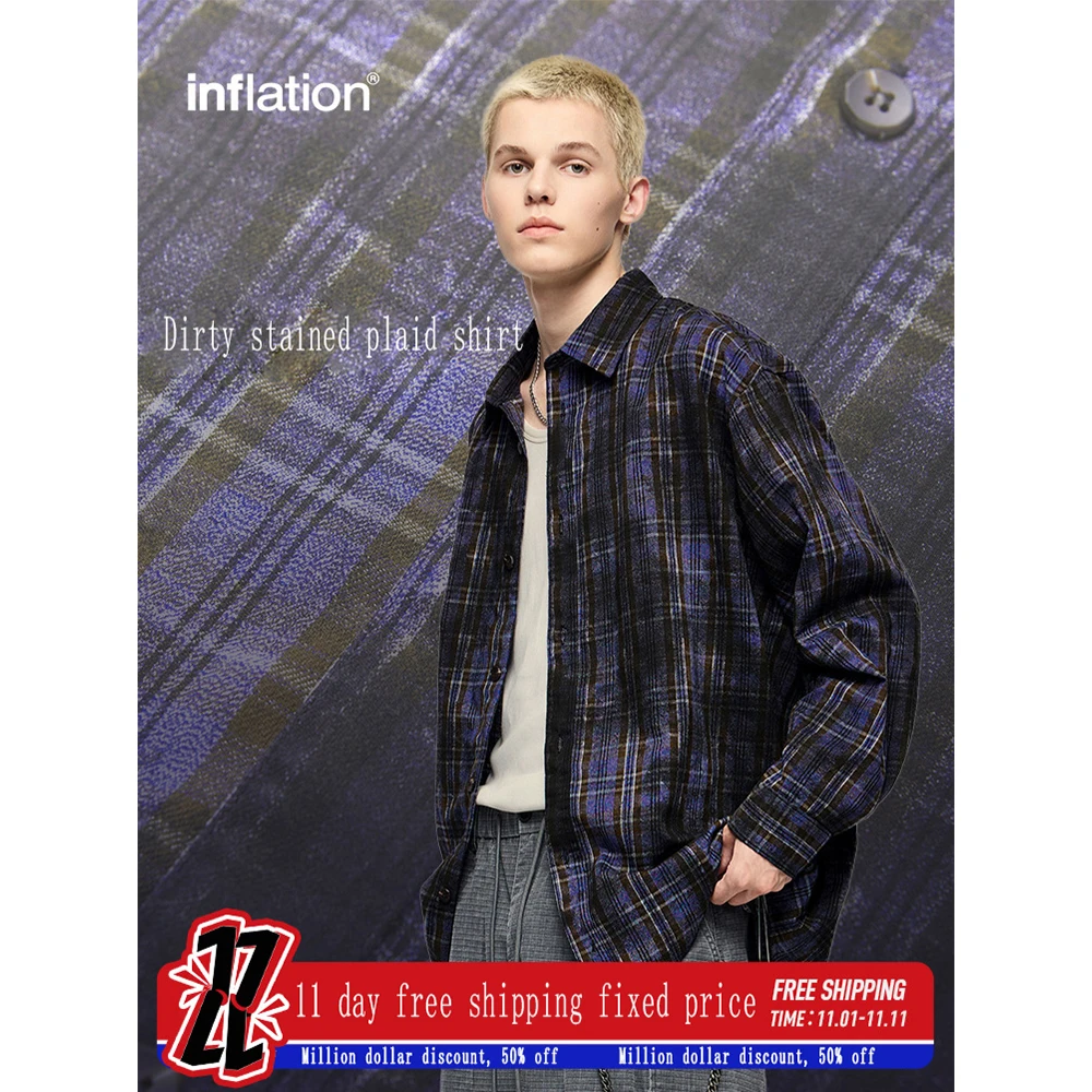 Fashion City Men Loose Clothing Stained Grid Pattern Shirt