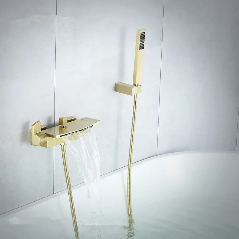 

Brushed Gold Bathtub Shower Set Brass Bathtub Faucet Hot & Cold Taps Mixer With Handheld Waterfall Bathtub Tap