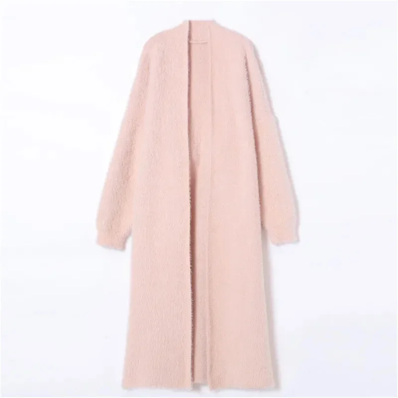 2023 Autumn/Winter Lazy Style Loose Knee Length Thickened Pure Imitation Mink Fleece Knitted Sweater Cardigan Coat Women's Coat