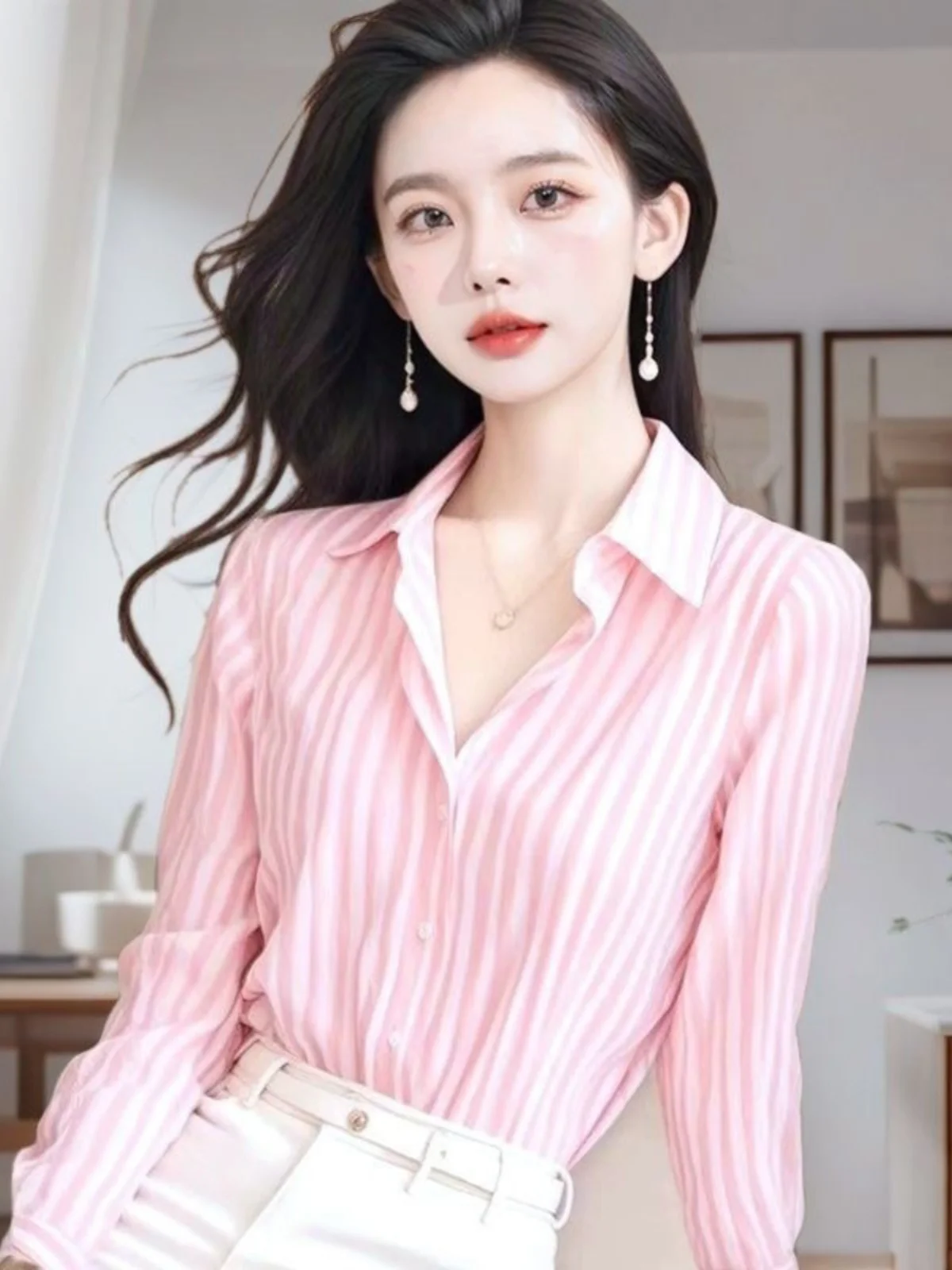 

Ele Pink Striped Long Sve irt Women's Autumn Sle Chic Ultra Good Looking Meat Covering irt Commute Sle Straigh...