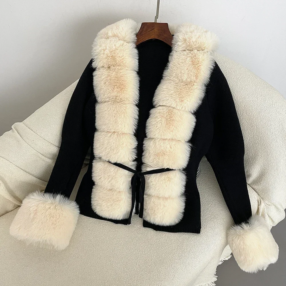 Faux Fur Coat Patchwork Knit Fur Knitted Cardigan Detachable Collar Jacket Sweater Bandage Autumn-winter Women\'s Fur Cardigan