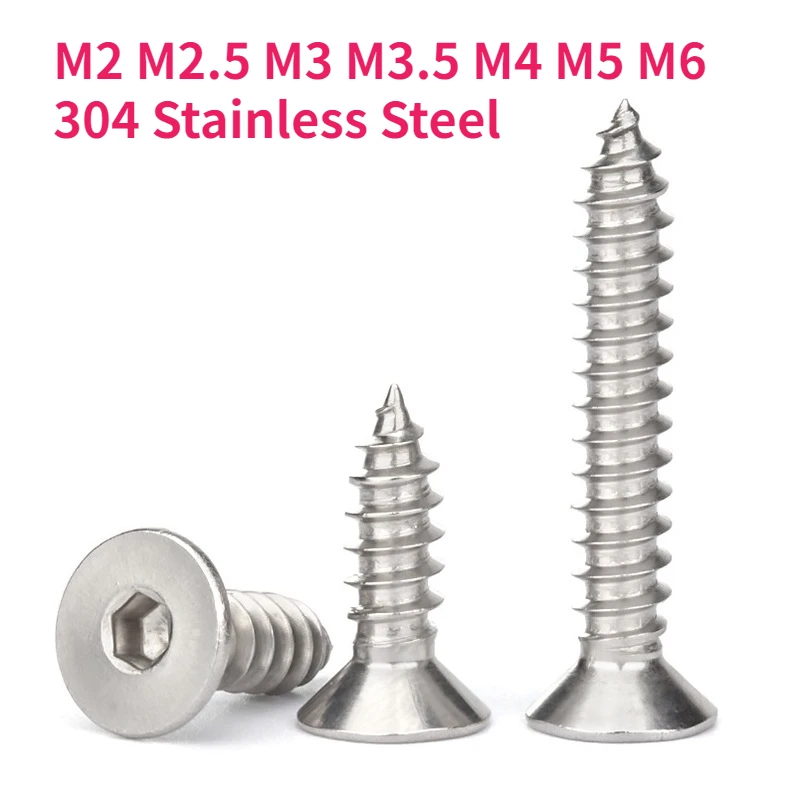 M2 M2.5 M3 M3.5 M4 M5 M6 304 Stainless Steel Hexagon Hex Socket Countersunk Head Self-tapping Screw Flat Head Wood Screws