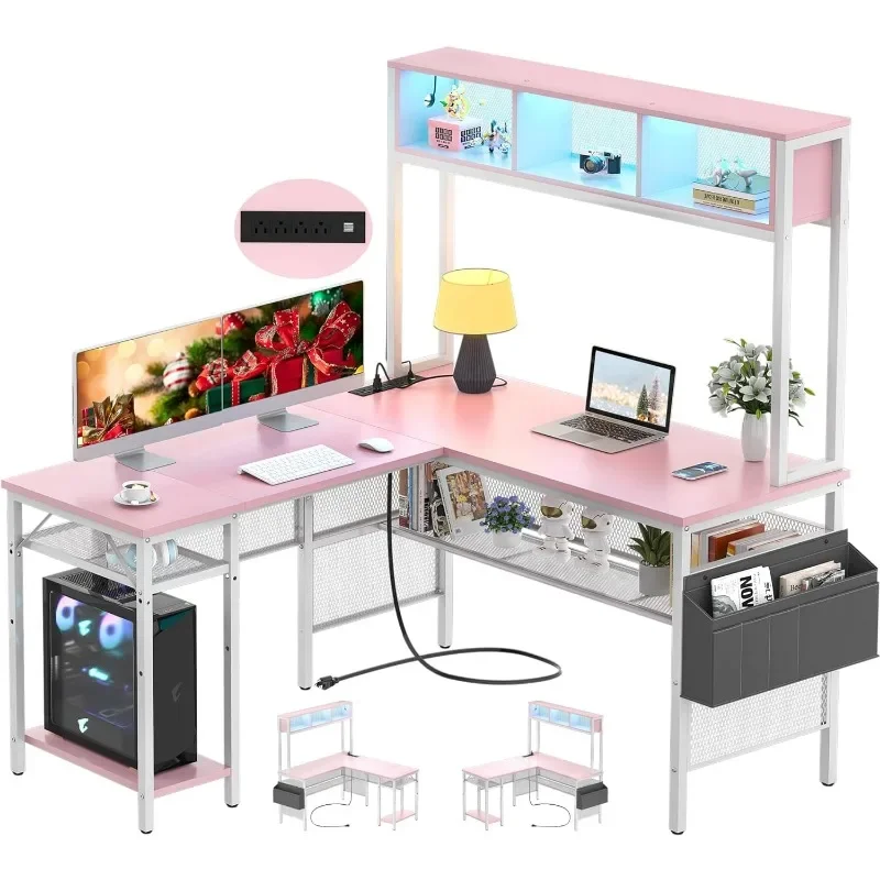 L Shaped Computer Desk with LED Strip and Power Outlets, Reversible L-Shaped Corner Desk with Storage Shelves and Bag,