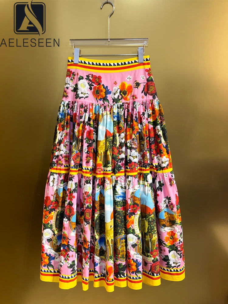 AELESEEN Women Summer Poplin Skirt Runway Fashion 100% Cotton Colorful Flower Print High Waist Elegant Long Party Holiday