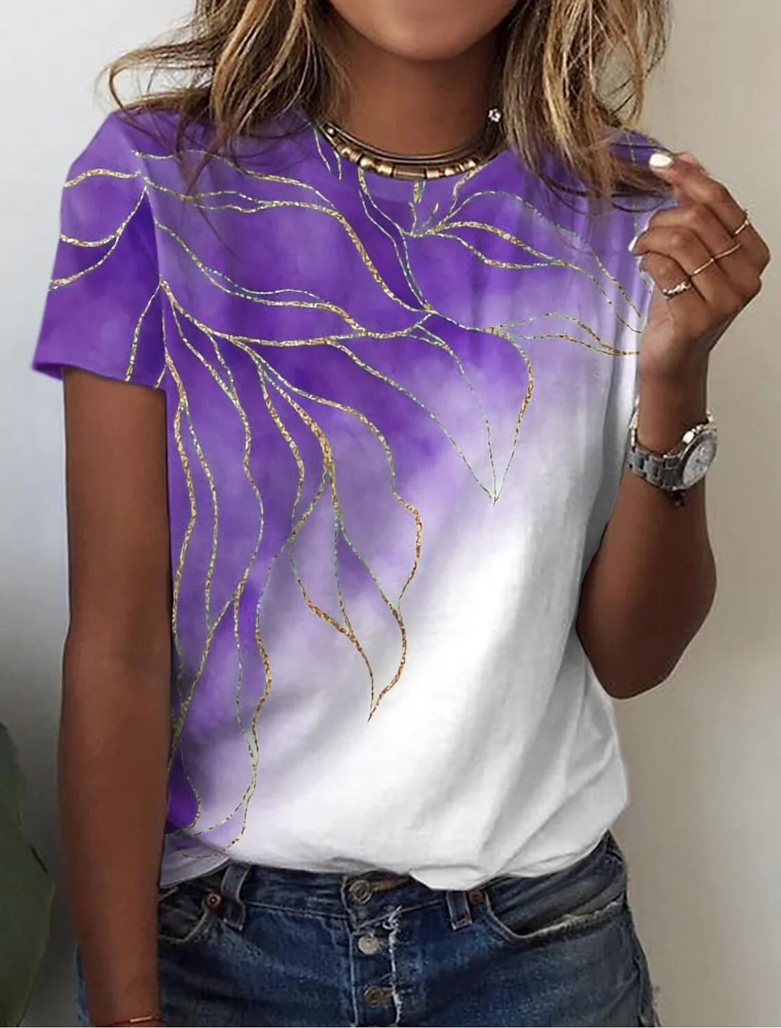 T-shirt manches courtes col rond femme, estival et décontracté, avec impression 3D florale, Bergame